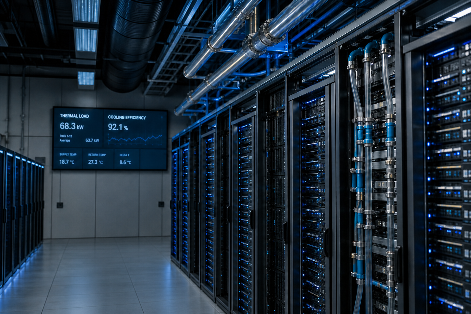 AI data center cooling infrastructure with liquid cooling equipment, piping, pumps, and thermal management systems supporting high-density computing.
