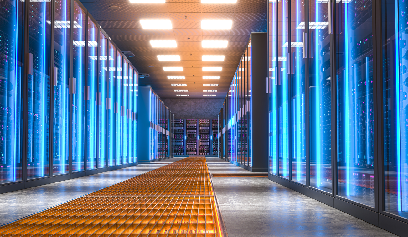 Modern data center infrastructure with server racks, power systems, cooling equipment, and electrical components supporting AI workloads.