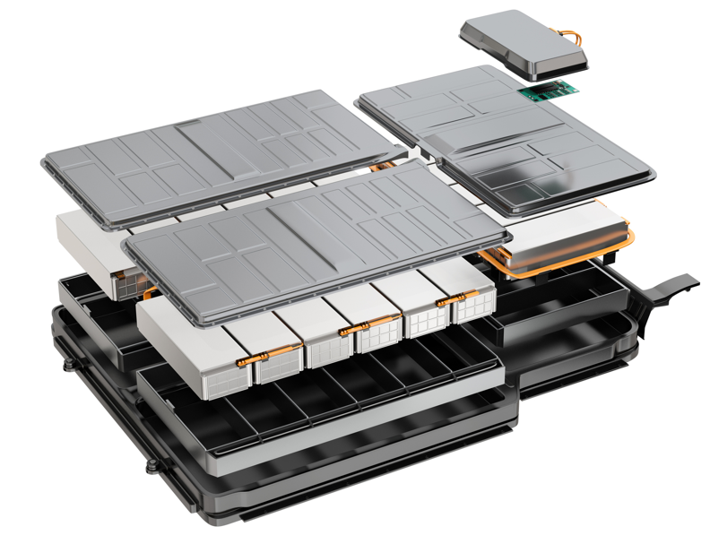 EV battery module with cylindrical cells and structural separators designed to prevent thermal runaway propagation between cells.